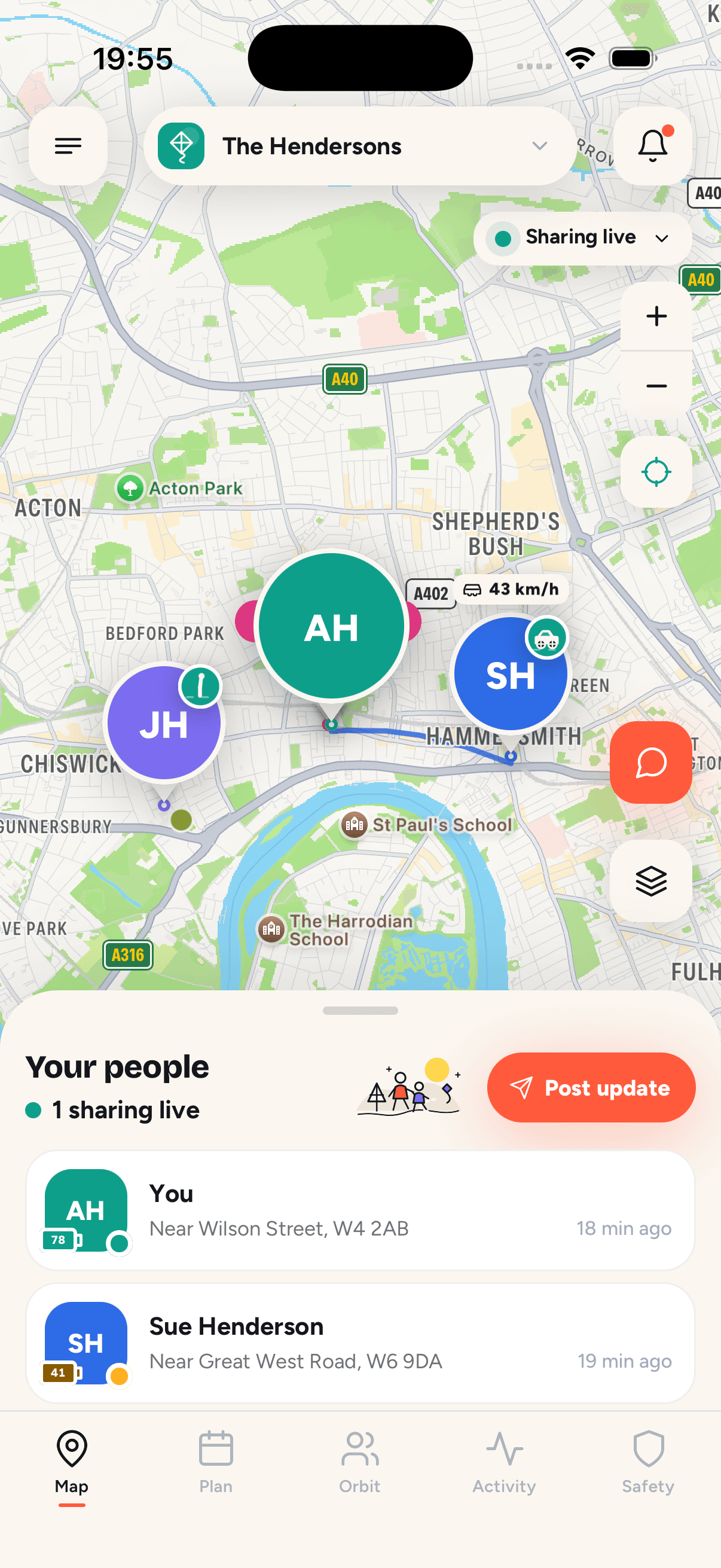 Orbily Map tab showing family locations and sharing controls